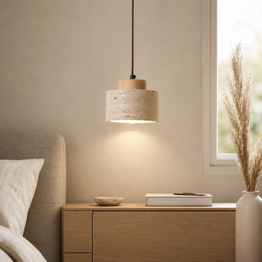 Minimalist Travertine Stone Pendant Lamp with Wood Accent - product image 6-Stacehill