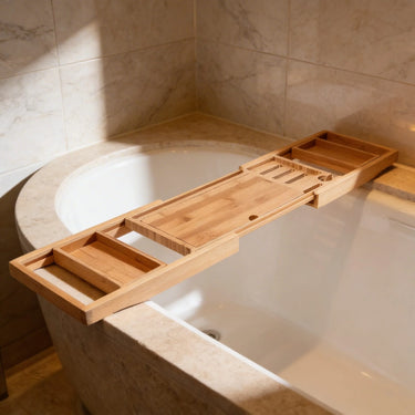 Expandable Bamboo Bath Caddy Tray with Book and Phone Holder - product image 2-Stacehill