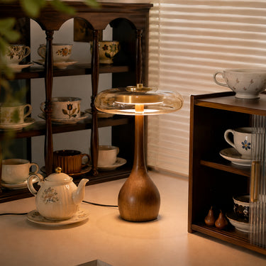 Japanese-Inspired Bamboo and Wood Table Lamp with Stained Glass Shade - product image 3-Stacehill