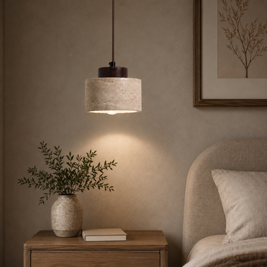 Minimalist Travertine Stone Pendant Lamp with Wood Accent - product image 4-Stacehill