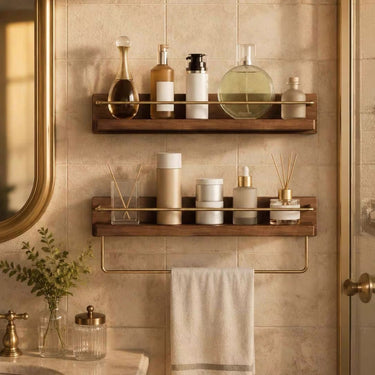 Modern Bamboo Bathroom Wall Shelf with Metal Guard Rail - product image 1-Stacehill