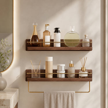 Modern Bamboo Bathroom Wall Shelf with Metal Guard Rail - product image 2-Stacehill