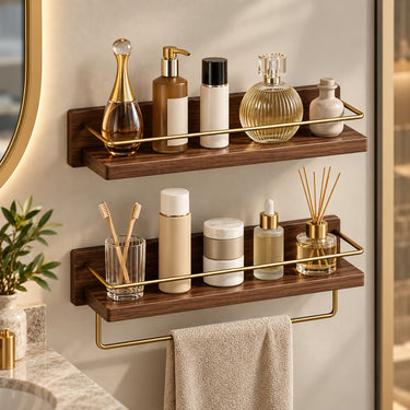 Modern Bamboo Bathroom Wall Shelf with Metal Guard Rail - product image 3-Stacehill