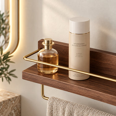Modern Bamboo Bathroom Wall Shelf with Metal Guard Rail - product image 4-Stacehill