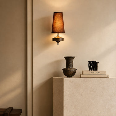Scandinavian Fabric Shade Wall Lamp with Wood Accents - product image 3-Stacehill