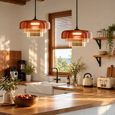 Scandinavian Layered Glass Drum Pendant Lamp with Adjustable Hanging Length - product image 2-Stacehill